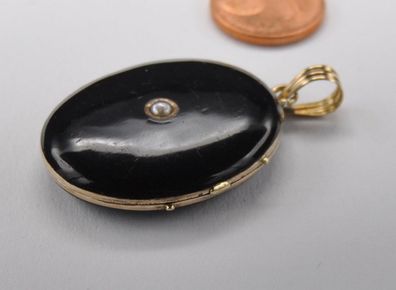 Emaille Trauer Medallion Anhänger Perle 585 Gold Vintage Antik