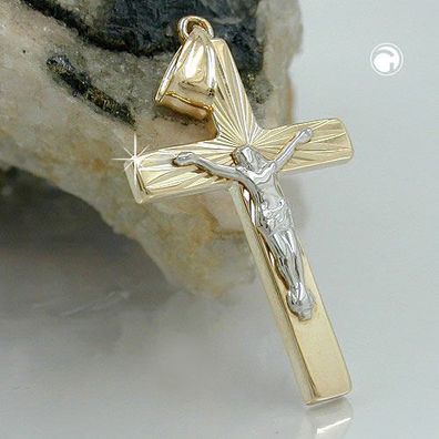 Anhänger 34x17mm Kreuz mit Jesus bicolor glänzend diamantiert 9Kt Gold Neuware