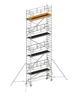 Layher Rollgeruest Uni Standard P2 Safety Plus mit Doppelgelaender und Gerueststuetz