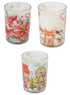 1 Kerze im Glas mit Motiv: Katzen, Blumen, Winterstadt, Winter, Weihnachten Kerzen