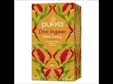 Pukka 3x Pukka Bio-Kräutertee Drei Ingwer, mit Galgant und Kurkuma, 20 Teebeutel