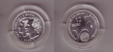 12 Euro Silber Münze Spanien Juan Carlos mit Frau, Präsidentschaft 2002 (112892)
