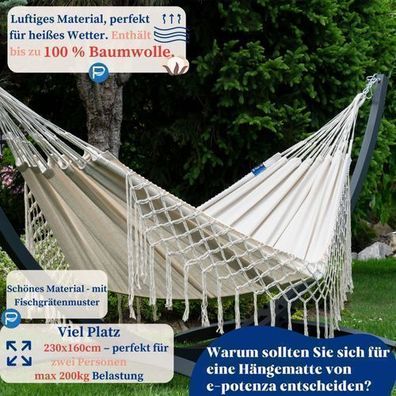 Potenza Outdoor Hängematte mit Gestell für 2 Personen, 100% Baumwolle 230x160, 200kg