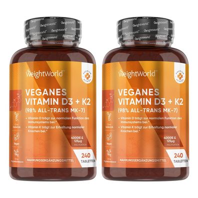 Vitamin D3 + K2-4000 I.E. vegane Tabletten - 240 Stück- 2 Flaschen -WeightWorld