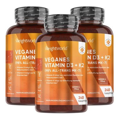 Vitamin D3 + K2-4000 I.E. vegane Tabletten - 240 Stück- 3 Flaschen -WeightWorld