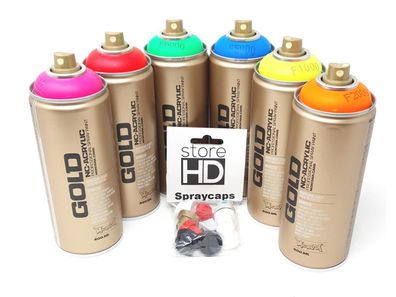 Montana Gold Sprühdosen Set, 6 Neon Farben + 10 Ersatzsprühköpfe - 6 x 400ml