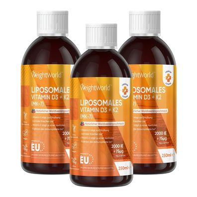 Liposomales Vitamin D3 K2 Tropfen - 2000IE Vitamin D3 + 75 mcg vit K2 MK-7- 3Flaschen