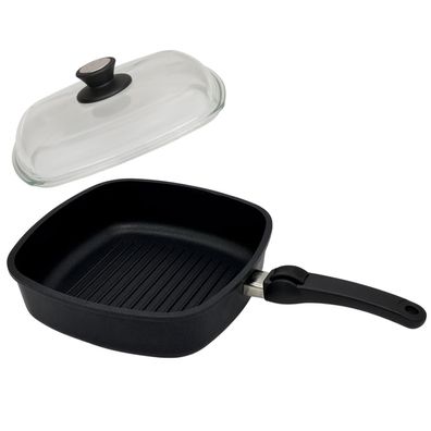 SKK Grillpfanne 26x26 cm eckig Hochrandpfanne Antihaft Griff abnehmbar & Deckel