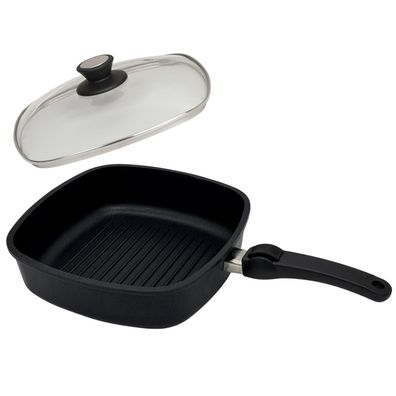 SKK Grillpfanne 26 cm eckig Hochrandpfanne Antihaft Griff abnehmbar & Glasdeckel