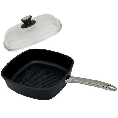 SKK Grillpfanne 26x26 cm eckig Hochrandpfanne Antihaft Edelstahl-Griff & Deckel