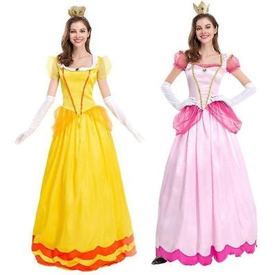 Damen Super Mario Pfirsich Cosplay Kostüm Rosa Prinzessin Kleid + Handschuhe + Kopfsc