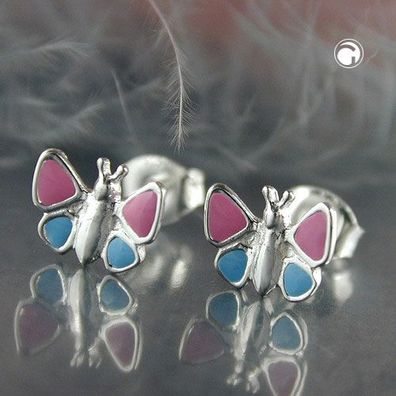 Ohrstecker Ohrring 7x8mm Kinderohrring Schmetterling hellblau-pink Silber 925