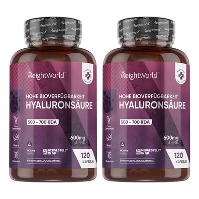 Hyaluron Kapseln - 600mg pro Kapsel - 120 vegane Hyaluronsäure Kapseln - 2 Flaschen