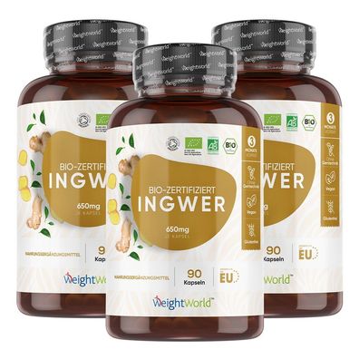 Bio Ingwer Kapseln - 650mg Ingwerpulver pro Kapsel - 90 Stück - 3 Flaschen