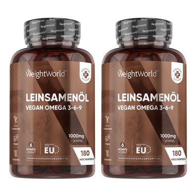 Omega 3 Vegan - 2000mg Leinöl in 2 Kapseln - 180 Weichkapseln - 2 Flaschen