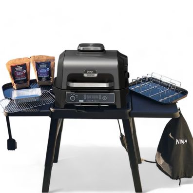 Ninja Woodfire Elektrischer Outdoor Grill Set mit Ständer Bürste Abdeckung