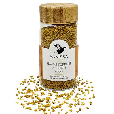 Vanissa Gerösteter Sesam mit Yuzu – 50g edles Glas mit Holzdeckel, Japanische Aromen