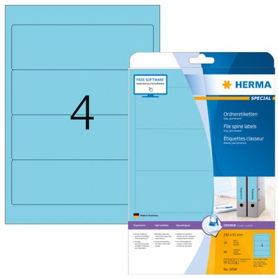 Herma Ordnerrückenschilder permanent haftend 192 x 61 mm blau 20 Bl 80 Etik. Laser