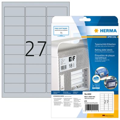 Herma Etiketten Typenschild stark haftend 63,5 x 29,6 mm wetterfest silber 25 Bl