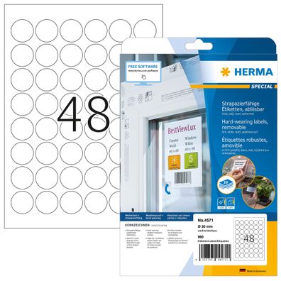 Herma Etiketten ablösbar Ø 30 mm Folie weiss wetterfest 20 Bl 960 Etik. LaserCopy