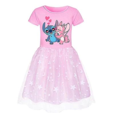 Kinder Mädchen Lilo & Stitch Cartoon Print Kleid Tüll Rock Geburtstagsparty Cosplay F