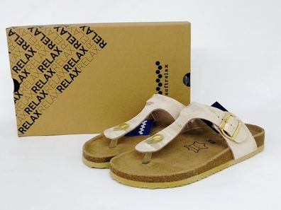 softrelax Damen Zehensteg Fußbett Pantolette beige mit Schnalle