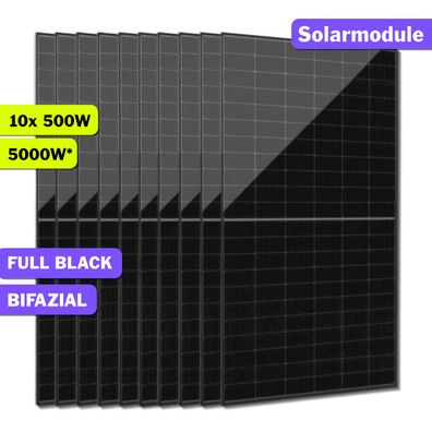 10x 500W Jolywood Solarmodul Hochleistungs-Photovoltaikpanel bifazial Full Black