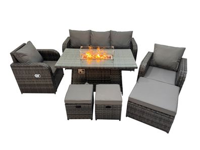 Fimous Polyrattan Gartenmöbel set Gas Feuerstelle Esstisch mit Sessel 3 Hockern