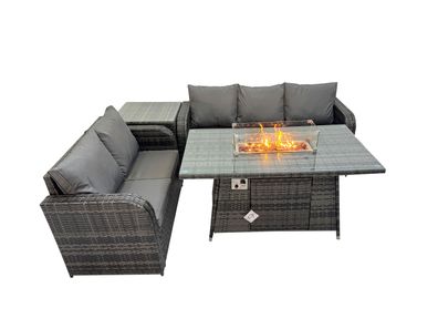 Fimous Polyrattan Gartenmöbel Set mit Gasfeuerstelle Esstisch, eistelltisch 4 Stécke