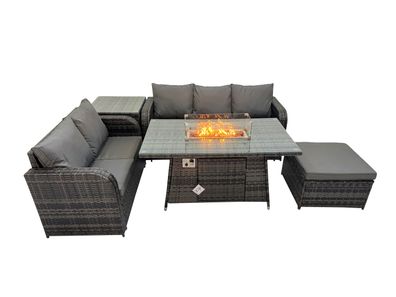 Fimous Polyrattan Gartenmöbelset Gasfeuerstelle Esstisch und Sofa set Beistelltisch