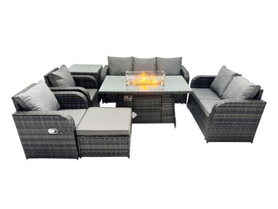 Fimous Polyrattan Gartenmöbelset Gasfeuerstelle Esstisch und Sofa Sessel set