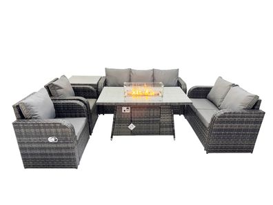 Fimous Polyrattan Gartenmöbelset Gasfeuerstelle Esstisch und Sofa Sessel set