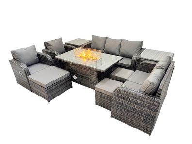 Fimous Polyrattan Gartenmöbelset Gasfeuerstelle Esstisch und Sofa Sessel sets