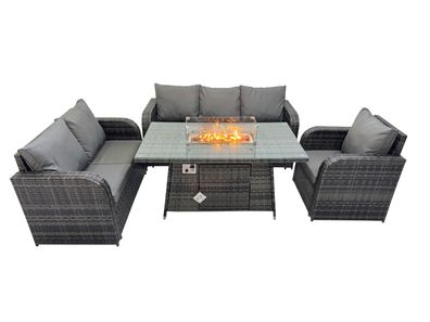 Fimous Polyrattan Gartenmöbel Set mit Gasfeuerstelle Esstisch 6-Sitzer Garten Sofa