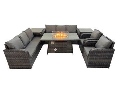 Fimous Patio Polyrattan Gartenmöbel Set mit Gasfeuerstelle Esstisch, essel