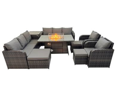 Fimous Polyrattan Gartenmöbel Set Gas Feuerstelle Esstisch mit Beistelltischen