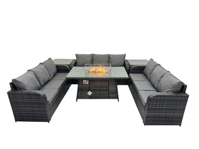 Fimous Polyrattan Gartenmöbel Set Gasfeuerstelle Esstisch Sets mit 2 Beistelltischen