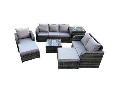 Fimous Rattan-Gartenmöbel 8-Sitzer Set Patio Tisch Sofa Stuhl Sets mit Graue Kissen