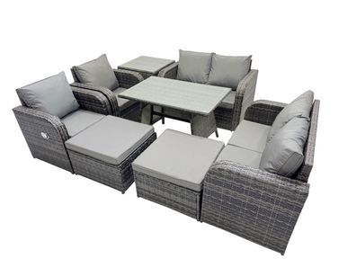 Fimous 8-Sitzer Gartenmöbel Sofa mit Rechteckiger Esstisch Beistelltisch Hockern