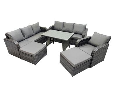 Fimous Rattan Gartenmöbel Set 9-Sitzer Rechteckiger Tisch 2 hohen Hockern