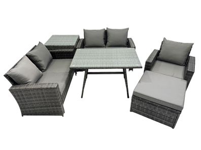 Fimous 6-Sitzer Polyrattan Garten Esstisch Set Gartenmöbel Sofa mit Großer Hockern