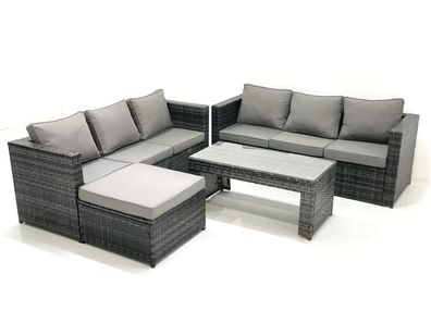 Fimous Garten Rattanmöbel Set mit Sofa Couchtisch Großer Hockern Dunkelgrau Gemischt