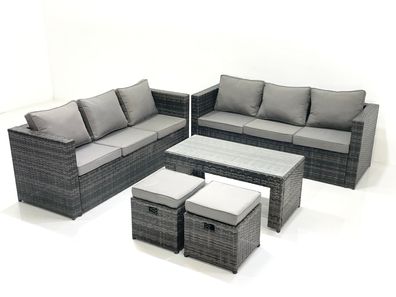 Fimous Garten Rattanmöbel Set mit Sofa Couchtisch 2 kleine Fußhockern