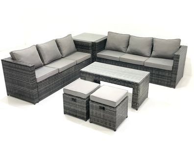 Fimous Garten Rattanmöbel Set mit Sofa Couchtisch Fußhockern Beistelltisch