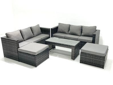 Fimous Garten Rattanmöbel Set mit Sofa Couchtisch 2 hohen Hockern Dunkelgrau Gemischt