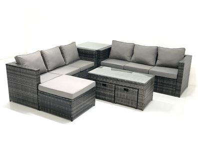 Fimous Garten Rattanmöbel Set mit Sofa Couchtisch 3 Hockern Beistelltisch