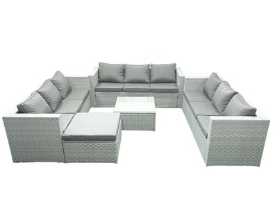 Fimous 10-Sitzer Rattan Garten Sofa Set mit 2 Großer Hockern Hellgrau gemischt