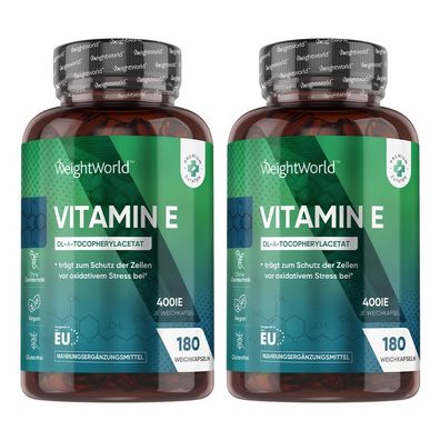 Vitamin E Weichkapseln 400IE - 180 Vegane Softgels - 2 Pack - WeightWorld