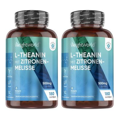 L-Theanin Aminosäure mit Zitronenmelisse 500mg -180 Kapseln - 2 Pack - WeightWorld