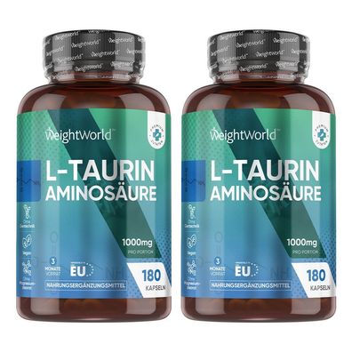 L Taurin Kapseln - 1000mg pro Tag - 180 vegane Kapseln - 2 Pack - WeightWorld